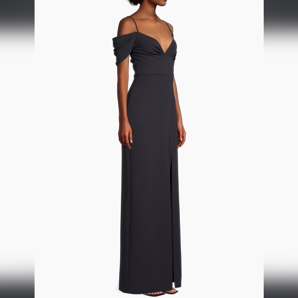 NWT! Sachin & Babi, Brittany Stretch Crepe Cold-Shoulder Gown, Navy -MSRP $285 - Picture 4 of 16